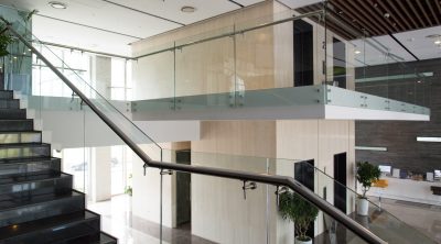 Modern interior design of office building. Empty lobby of condominium building. Two-level house design concept